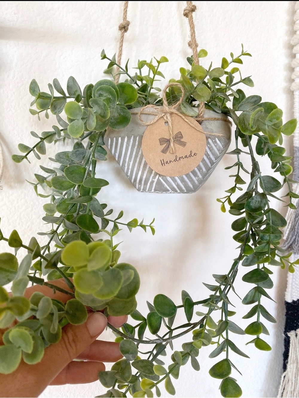 Handmade Hanging Planter with Green Faux Eucalyptus